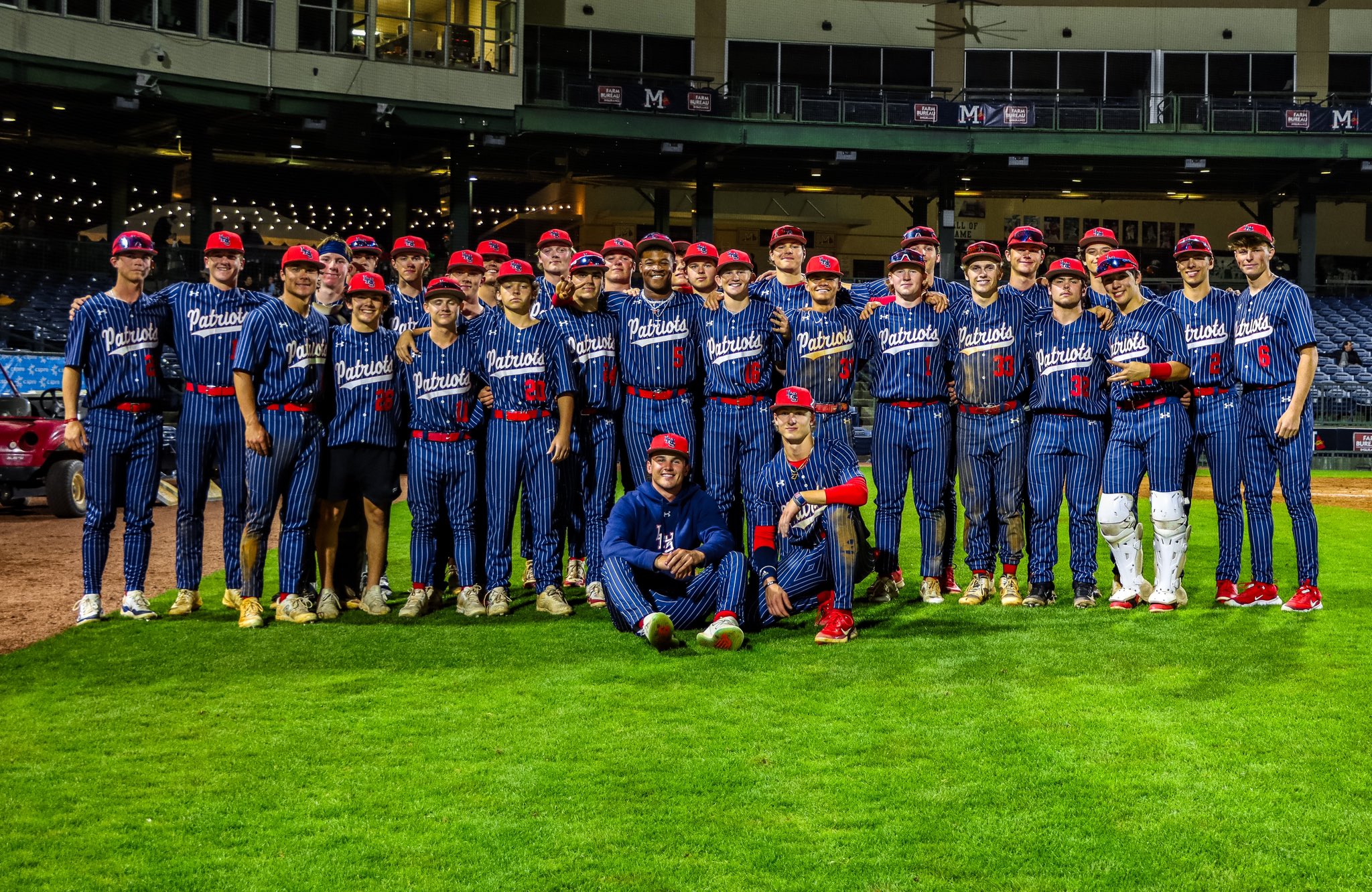 The 2024 Lewisburg Patriots pose for a photo after sweeping two games against Houston (Tenn.) and Oak Grove on Saturday, March 16 at Trustmark Park in Pearl, Miss.